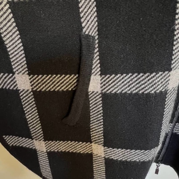 KINROSS LUXE 100% CASHMERE BLACK & SUEDE PLAID ZIP MOCK PONCHO OS ONE SIZE - Picture 9 of 14